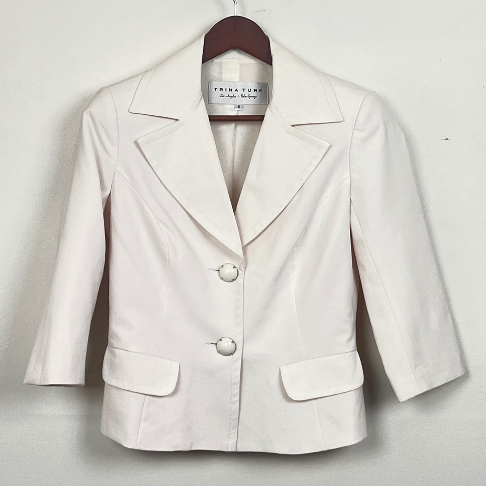 Trina Turk Blazer 6 White Heritage Prep Clean Girl 3/4 Sleeve Button Front